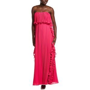 Badgley Mischka Hot Pink Strapless Pleated Maxi Dress